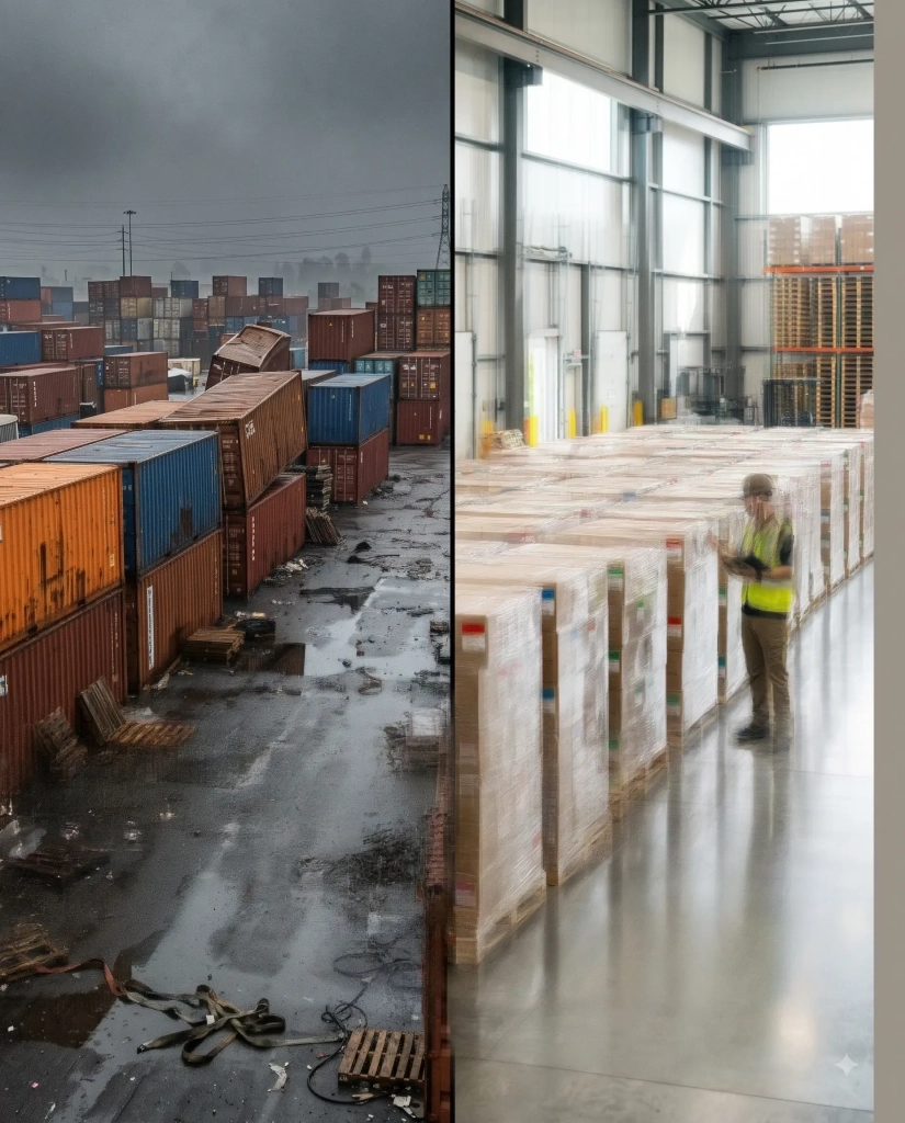 Split Screen of Disorganized Shipping Yard vs. Organized Warehouse